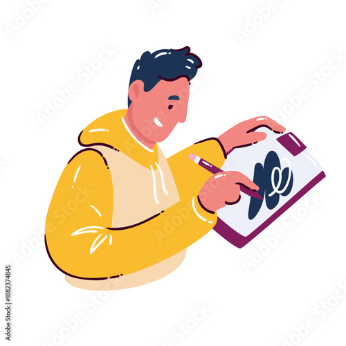 Designer character sketching concept draft on digital tablet. Creative designer drawing ideas, rough lines, visual thinking, early design process, cartoon vector illustration