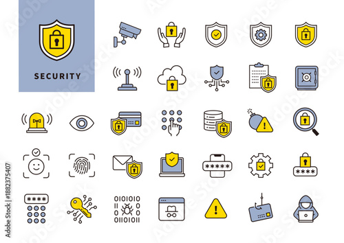 セキュリティ対策と情報保護のカラーアイコンセット（認証・ロック・警告・サイバーセキュリティ）