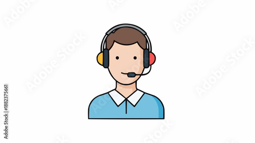 Cartoon man wearing headset smiling.