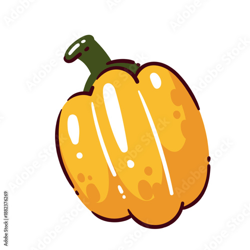 Yellow bell pepper vegetable with smooth skin and green stem, fresh pepper for cooking and healthy meals, sweet pepper produce, garden vegetable ingredient, cartoon vector illustration
