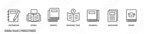 Reading & Study Hub Icons set vector illustration outline with Notebook, Story, Books, Reading time, Journal, Magazine, Study