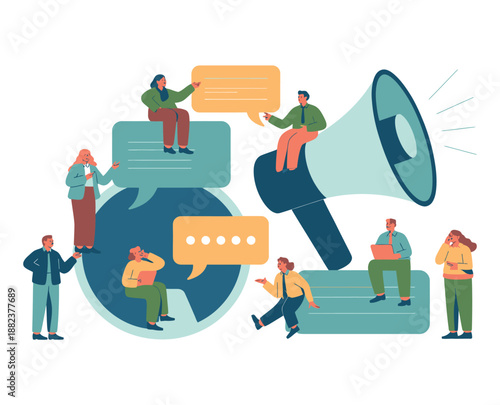 A group of people communicating and interacting with large speech bubbles and a megaphone