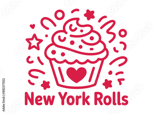 A red logo of a cupcake with a heart on it and the words New York Rolls written below.