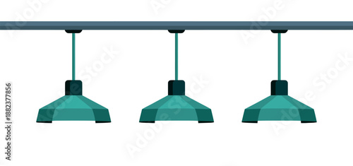 A modern lighting fixture with three green pendant lights hanging from a metal bar