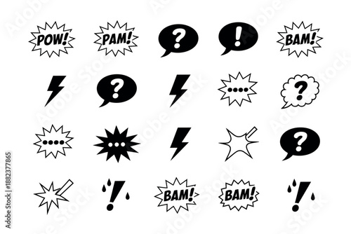 Explosive comic book sound effects and speech bubbles with question marks