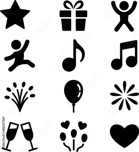 A collection of black icons representing celebration and joy on a white background