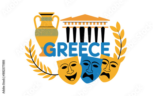 A colorful illustration representing Greek culture with comedy and tragedy masks, a vase, and a building.