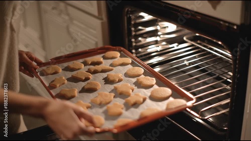 A woman's hands placing a baking sheet of gingerbread Christmas cookies into a preheated oven. Holiday preparations and home comforts.