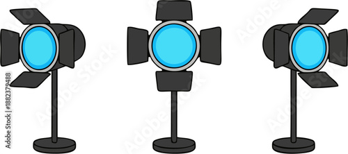 Three Cartoon Stand Spotlights Black Cyan Blue Lenses Open Barn Doors Flat Vector