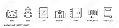 Complete Reading Experience Icons set vector illustration outline with BOOK, READ, ALBUM, LIBRARY, DIARY, DIGITAL BOOK, BOOKMARK