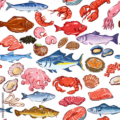 Seafood seamless pattern with fish, shrimp, lobster, crab, octopus, mussels, salmon, caviar and shellfish, premium mediterranean food set, gourmet cuisine elements, cartoon vector illustration