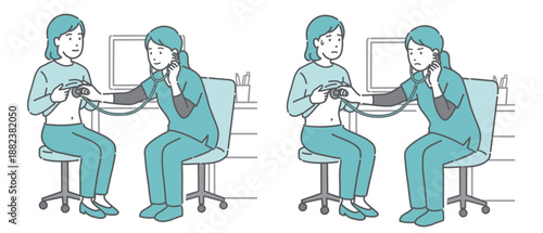 スクラブを着た女性医療従事者（医師・看護師）による女性の聴診イラストセット（正常・異常/体調不良）