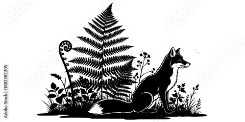 A detailed silhouette of a curled fox nestled under stylized fern fronds, Wilderkind style.