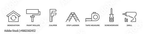 Smart Renovation Tools Icons set vector illustration outline with Renovation, Paint roller, Caliper, Step ladder, Tape measure, Screwdriver, Drill