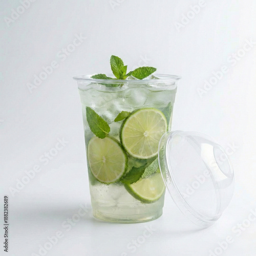 Lemon mint mojito in transparent takeaway cup with ice and lime slices – isolated angles on white background for menu and branding mockups V3