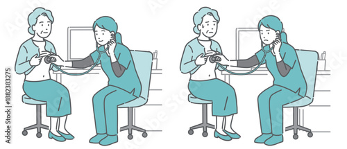 スクラブを着た女性医療従事者（医師・看護師）による高齢女性の聴診イラストセット（正常・異常/体調不良）