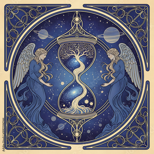 Celestial Angelic Hourglass with Blue Angels Art Nouveau Art