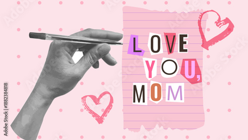 Mothers Day Collage Flowers Hearts Love Mom. For card poster social media graphic or web design in marketing campaigns. Vector illustration.