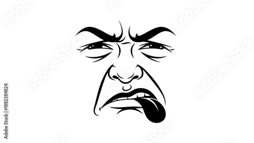Angry Face Illustration with Eyebrows and Tongue.
