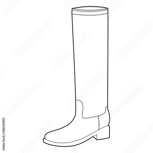 Block heel knee-high boot women single line pair. Tall shaft with chunky heel for urban walk, weekend outing. Technical fashion illustration CAD mockup clean vector men unisex isolated classic style