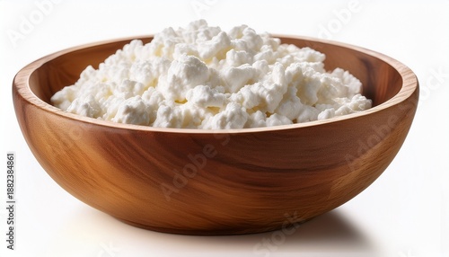A Close Up High Resolution Photograph Of A Wooden Bowl Filled With Fresh White Cottage Cheese