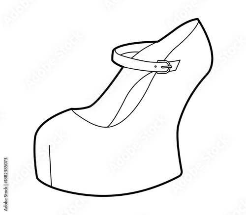 Platform Mary Jane women single sketch shoe. Strap round toe dress footwear for concert, fashion experiment. Technical fashion illustration, CAD mockup, clean vector men unisex isolated bold style.