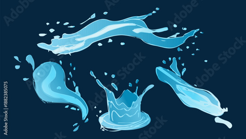 Dynamic liquid water splash with falling droplet, crashing sea wave and swirling eddies. For advertising web design or marketing visuals. Vector illustration.