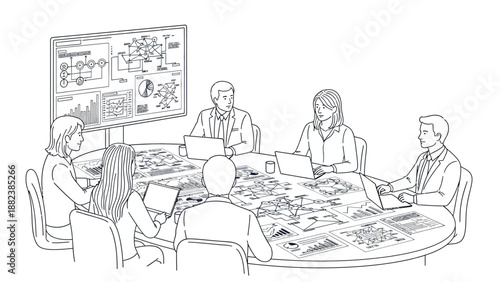 Business professionals collaborating around a table with documents and laptops in a meeting room