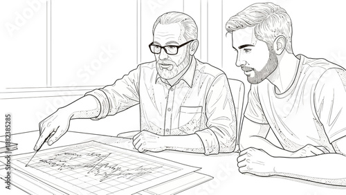 Two men examining a map together on a table indoors with a serious expression