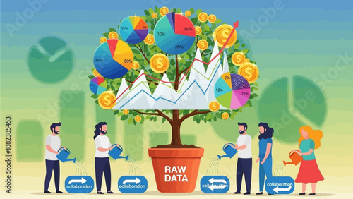 An illustration depicting data analysis and growth, symbolized by a tree bearing charts and coins, with people watering it.