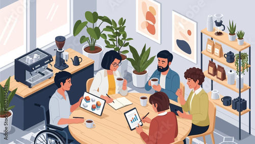 A diverse group of people are gathered around a table, discussing work.