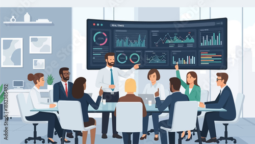 A business meeting is taking place in a modern office, with a large screen displaying data.