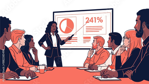 A businesswoman presents a financial report to a diverse group of colleagues during a meeting.