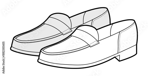 Penny loafer shoe women sketch pair. Strap detail casual dress footwear for smart office college outfit. Technical fashion illustration CAD mockup detailed vector man unisex isolated classic style. 