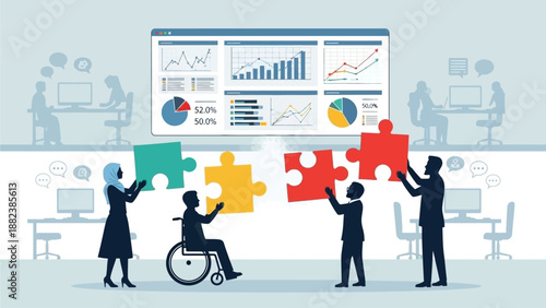 Diverse team collaborating to assemble puzzle pieces, analyzing data, and fostering teamwork in a modern office environment.