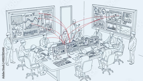 A control room with people monitoring data on large screens and displays.