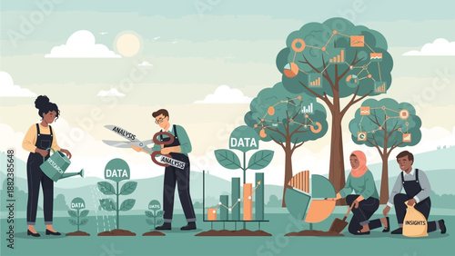 Illustration depicting data analysis and growth, with people tending to data-related plants.