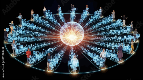 Conceptual illustration of a network of people connected to a central sphere, representing global communication.