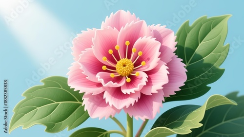Wallpaper Mural A pink peony flower blooming with green leaves against a blue background in a digital illustration Torontodigital.ca