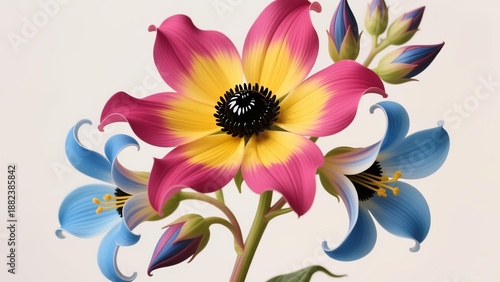 Wallpaper Mural Vibrant digital illustration of a colorful flower blooming with blue buds Torontodigital.ca