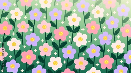 Wallpaper Mural A vibrant floral pattern with pastel flowers and sparkles in a lush green meadow Torontodigital.ca
