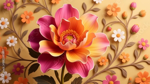 Wallpaper Mural A vibrant floral illustration featuring a large pink and orange flower surrounded by smaller blooms and foliage on a warm background Torontodigital.ca