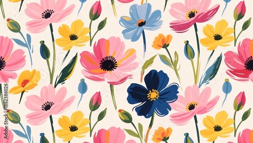 Wallpaper Mural Colorful floral pattern featuring various flowers and leaves in a seamless design Torontodigital.ca