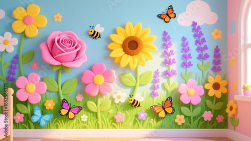 Wallpaper Mural Colorful flowers and butterflies adorn a serene children's room with a sunny wall decoration Torontodigital.ca