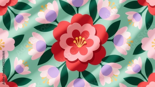 Wallpaper Mural Vibrant floral pattern with red camellia and pink flowers on green background illustration Torontodigital.ca