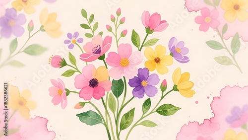 Wallpaper Mural A vibrant floral arrangement of colorful flowers and lush greenery, viewed from directly above in a soft, serene environment Torontodigital.ca