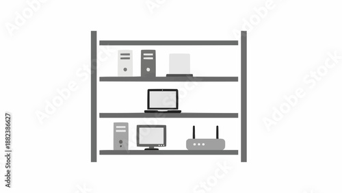 Computer Equipment on Shelves in Server Room.