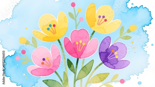 Wallpaper Mural Vibrant flowers blooming in a colorful bouquet with green leaves and stems Torontodigital.ca