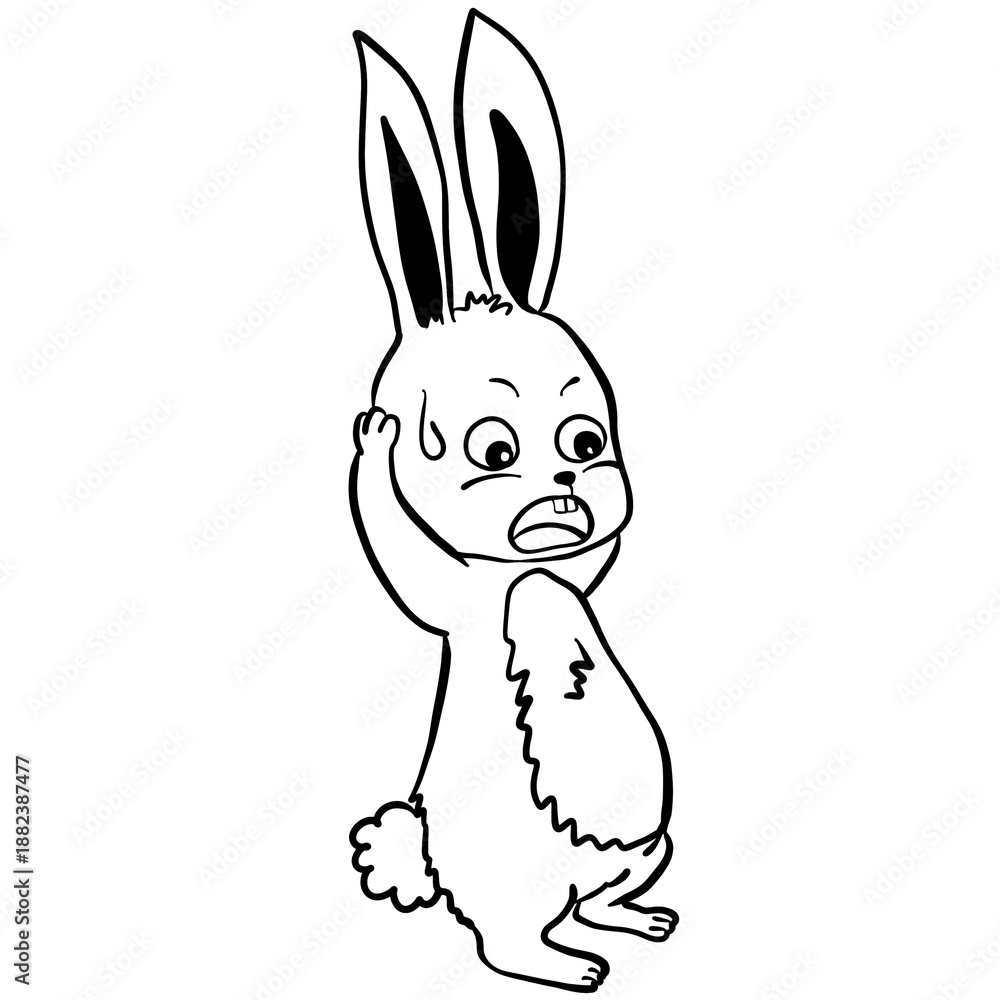 Obraz premium Scared Cartoon Rabbit Holding Head in Panic Black and White Line Art Illustration