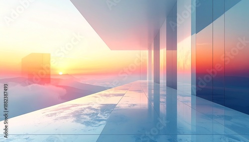 Beautiful morning glow and high-tech terrace background with copy space for SNS header and corporate web design